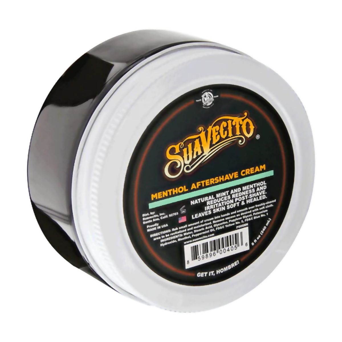 Crema aftershave mentol 240 ml, envase en ángulo sobre fondo blanco, Suavecito