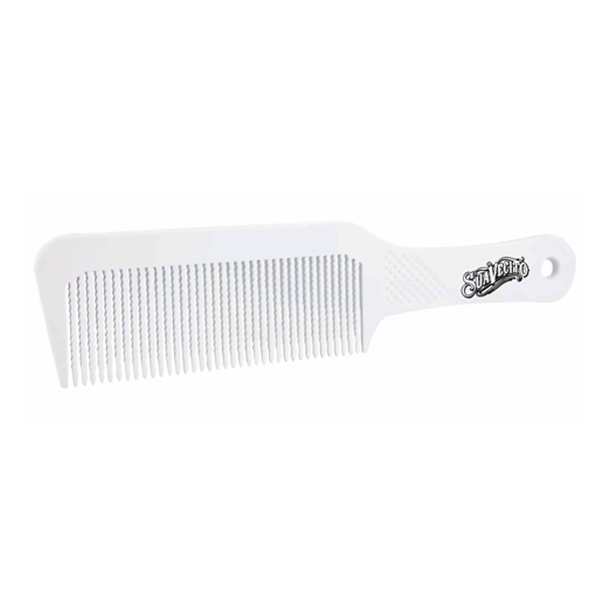 Peine clipper blanco angulado, vista frontal sobre fondo blanco, Suavecito