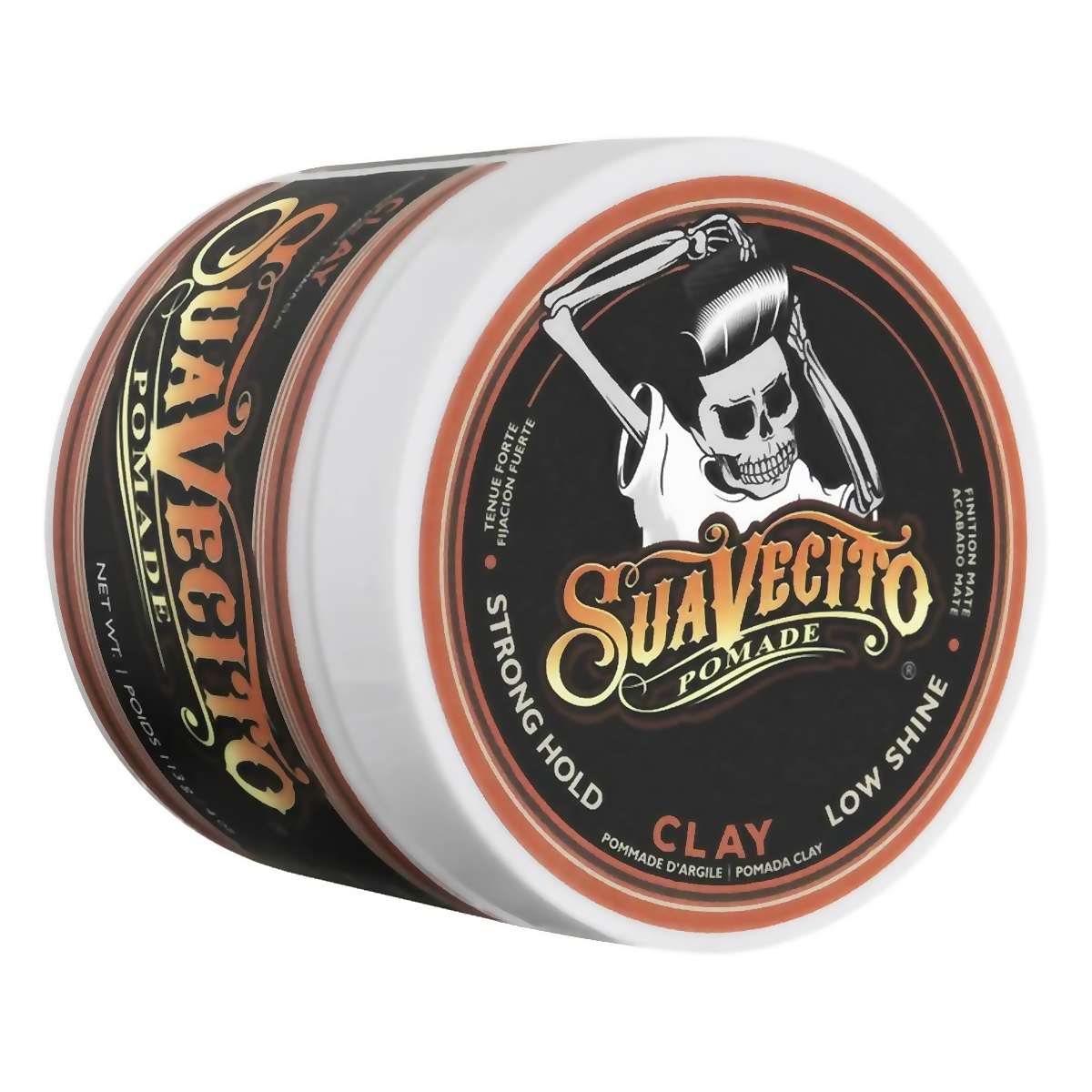 Pomada clay de fijación fuerte y bajo brillo 113 g, envase en ángulo, Suavecito