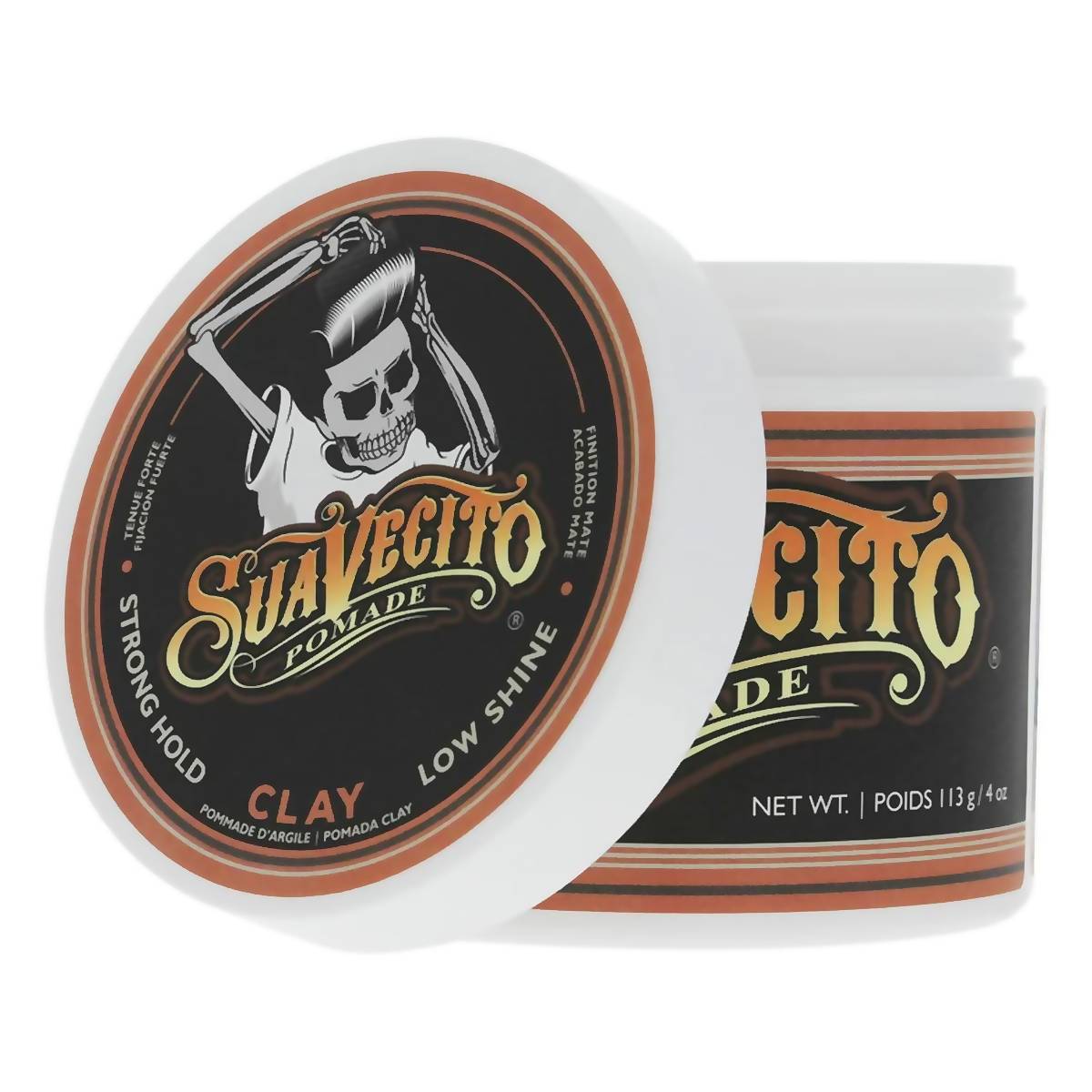 Pomada clay de fijación fuerte y bajo brillo 113 g, vista frontal del envase, Suavecito