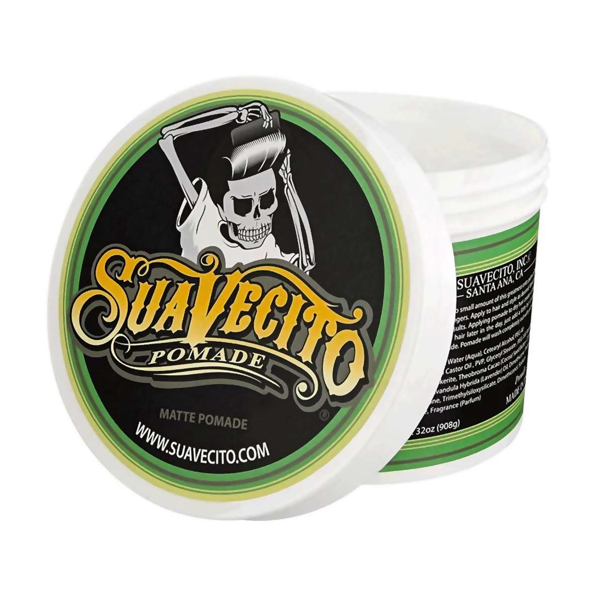 Pomada mate sin brillo 907 g con envase abierto, vista frontal, Suavecito