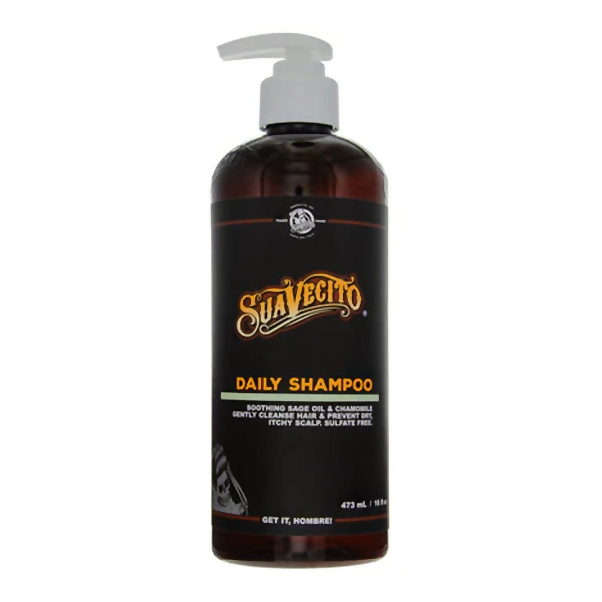 Shampoo diario 473 ml, botella vista frontal (packshot) sobre fondo blanco, Suavecito