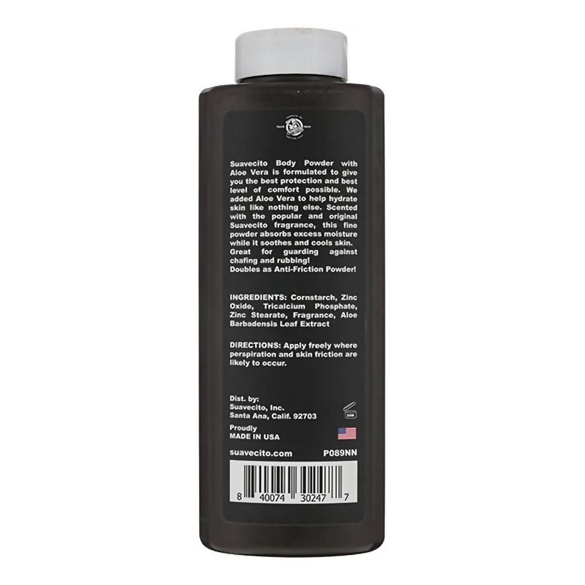 Talco corporal Body Powder, etiqueta trasera del envase sobre fondo blanco, Suavecito