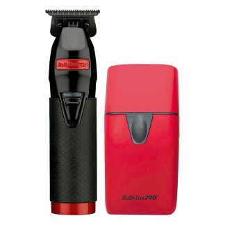 Combo BaBylissPRO: trimmer FX+ y shaver UV negro/rojo, vista frontal sobre fondo blanco