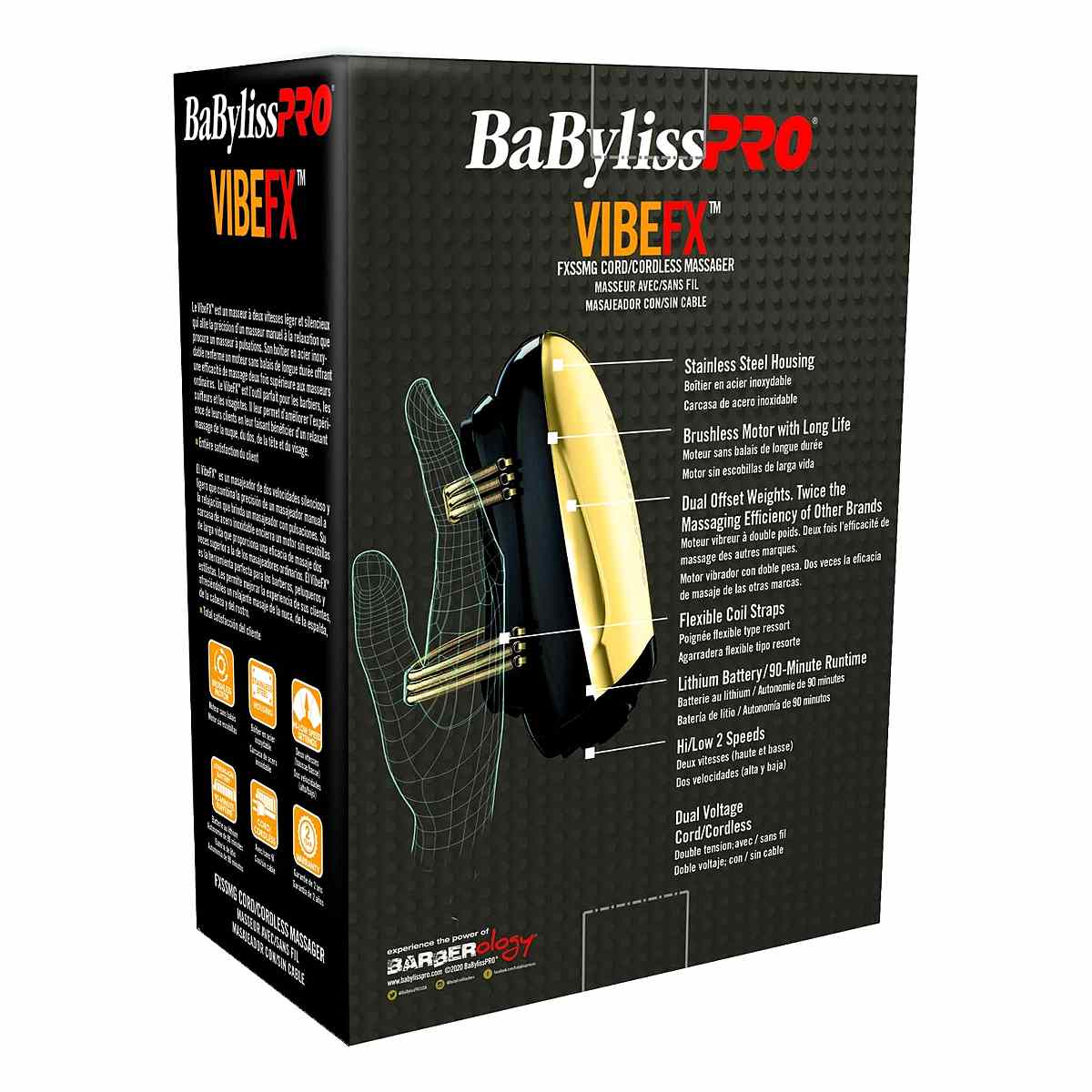 Caja del masajeador BaBylissPRO VibeFX, vista trasera con características