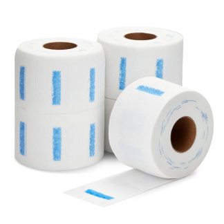 detalle de rollos papel cuello con adhesivo azul